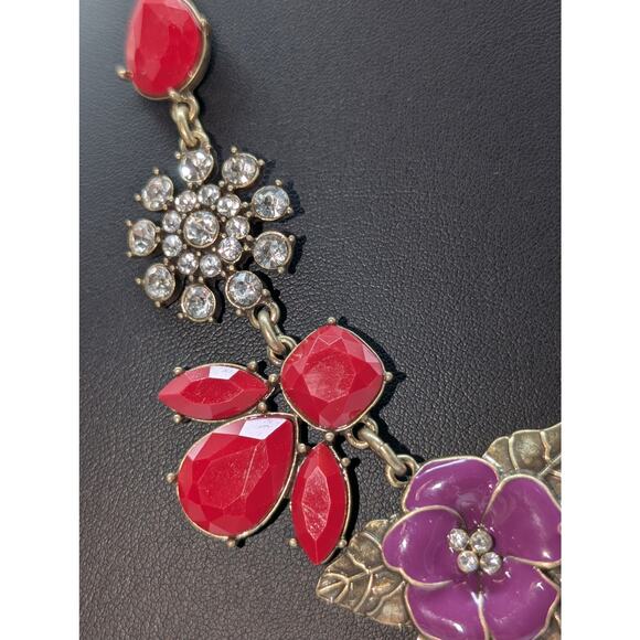 The Delta Box Red Bead Rhinestone Purple Enamel Flower Statement Necklace - Picture 3 of 6